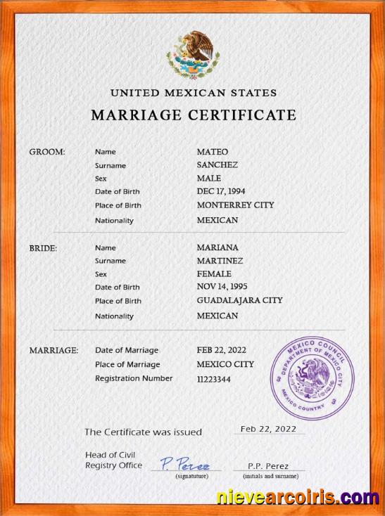 Mexico marriage certificate